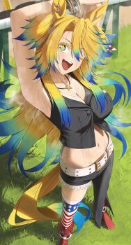 1girl american_flag american_flag_legwear american_flag_print animal_ear_piercing animal_ears armpits arms_up asymmetrical_clothes black_pants black_vest blonde_hair blue_eyes blue_hair blush colored_eyelashes flag_print foreshortening gradient_hair gradient_tail hair_between_eyes highres horse_ears horse_girl horse_tail long_hair looking_at_viewer midriff mixed-language_commentary multicolored_hair ningen_gokko obey_your_master_(umamusume) one_eye_closed open_mouth outdoors pants red_shoes shoes single_pantsleg smile solo standing star-shaped_pupils star_(symbol) steaming_body sweat symbol-shaped_pupils tail two_side_up umamusume umamusume:_cinderella_gray very_sweaty vest yellow_tail