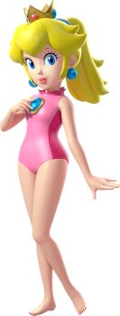 1girl 3d absurdres bare_shoulders barefoot blonde_hair blue_eyes blue_gemstone breasts brooch closed_mouth crown earrings feet female_focus full_body gem hair_flaps hand_on_own_chest hand_up happy heel_up highres jewelry knees_together_feet_apart legs leotard lips lipstick long_hair looking_at_viewer makeup mario_&amp;_sonic_(series) mario_&amp;_sonic_at_the_rio_2016_olympic_games mario_(series) mini_crown multicolored_leotard nintendo official_art pink_leotard pink_lips ponytail princess_peach princess_peach_(gymnastics) red_gemstone sidelocks simple_background small_breasts smile solo standing thighs third-party_source transparent_background two-tone_leotard yellow_crown