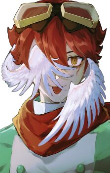 1boy absurdres aegiomon brown_hair digimon digimon_story:_time_stranger facial_mark goggles goggles_on_head green_jacket head_wings highres jacket jupitermon male_focus multicolored_jacket ninyunyan red_scarf scarf short_hair simple_background solo tongue tongue_out two-tone_jacket upper_body white_background white_jacket white_wings wings yellow_eyes yuuki_dan