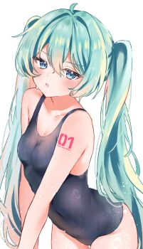 1girl aqua_eyes aqua_hair black_one-piece_swimsuit breasts character_name collarbone covered_navel double-parted_bangs hair_between_eyes hatsune_miku highres long_hair looking_at_viewer natukisigure number_tattoo one-piece_swimsuit parted_lips shoulder_tattoo small_breasts sweatdrop swimsuit tattoo twintails very_long_hair vocaloid white_background