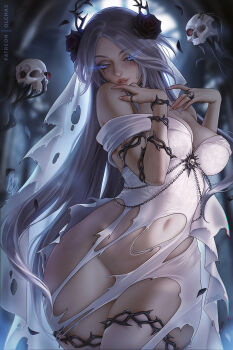 1girl blurry blurry_background breasts cleavage cowboy_shot dress flower grey_hair groin hair_flower hair_ornament hands_up highres large_breasts long_hair navel olchas original parted_bangs parted_lips pink_eyes red_flower skull solo teeth torn_clothes torn_dress white_dress
