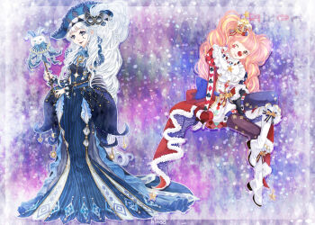 2girls argyle_background argyle_clothes argyle_dress aria_of_night_(miracle_nikki) asymmetrical_legwear back_bow black_lips blue_bow blue_bowtie blue_dress blue_hat blue_mask blue_pantyhose blunt_bangs boots bow bowtie brooch brown_eyes brown_pantyhose card cat_mask closed_mouth clown clown_nose commentary_request crossed_legs crown diamond_print dress eyelashes facepaint facial_tattoo frilled_headwear full_body fur-trimmed_dress fur_trim gold_crown grey_eyes happy hat head_tilt high_heel_boots high_heels hino_(8) holding holding_wand invisible_chair jewelry joker_(playing_card) joker_and_magic_card_(miracle_nikki) knee_boots knee_up light_particles lipstick long_dress long_sleeves makeup mask mask_on_head mini_crown miracle_nikki mismatched_legwear multicolored_hair multiple_girls neck_ruff nikki_(series) one_eye_closed open_mouth orange_hair pantyhose partial_commentary playing_card purple_background red_dress sitting smile standing star_(symbol) star_brooch star_print star_tattoo streaked_hair striped_clothes striped_dress tattoo teardrop_tattoo twintails vertical-striped_clothes vertical-striped_dress wand white_boots