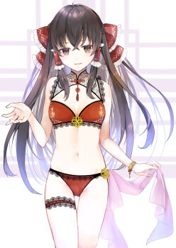 1girl absurdres alternate_costume bare_arms bow bra bracelet breasts brown_eyes brown_hair cleavage commentary_request cowboy_shot frilled_bow frilled_hair_tubes frilled_thigh_strap frills gluteal_fold groin hair_between_eyes hair_bow hair_tubes hakurei_reimu highres jewelry long_hair looking_at_viewer medium_breasts midriff minatsuki_yurara navel open_mouth panties red_bow red_bra red_panties sidelocks smile solo standing thigh_strap thighs touhou underwear underwear_only very_long_hair