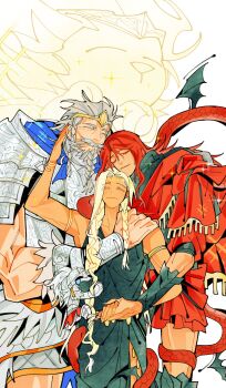 armlet armor beard belt black_dress bracelet braid braided_beard breastplate circlet closed_eyes closed_mouth commentary crown drenched-in-sunlight dress elden_ring elden_ring:_shadow_of_the_erdtree english_commentary facial_hair full_armor godfrey_first_elden_lord gold_armlet gold_belt gold_bracelet gold_circlet gold_crown helm helmet highres holding_hands hug jewelry lion long_beard messmer_the_impaler ornate_armor pauldrons queen queen_marika_the_eternal red_robe red_snake robe serosh_(elden_ring) shoulder_armor size_difference smile snake snake_on_shoulder snake_wrapped_around_body tarnished_(elden_ring)