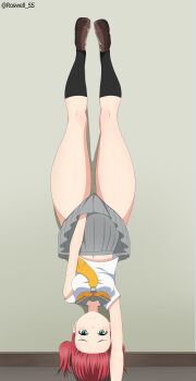 1girl absurdres black_socks blush breasts expressionless green_eyes grey_sailor_collar grey_skirt handstand highres kurosawa_ruby loafers looking_at_viewer love_live! love_live!_sunshine!! lycoris_challenge_(meme) lycoris_recoil medium_breasts meme neckerchief one_arm_handstand red_hair roswell_ss sailor_collar scene_reference school_uniform serafuku shoes skirt skirt_hold socks solo thighs yellow_neckerchief