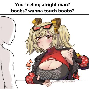 1boy 1girl absurdres artist_name black-framed_eyewear black_gloves black_jacket blonde_hair bluesky_username boobs?_wanna_touch_boobs?_(meme) breasts burnice_white cleavage closed_mouth commentary english_text eyewear_on_head fingerless_gloves gloves hair_ornament highres jacket jyagantz large_breasts looking_at_another meme presenting_breasts red-tinted_eyewear solo_focus spiked_jacket tinted_eyewear twintails twitter_username white_background yellow_eyes zenless_zone_zero