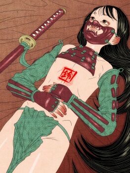 1girl absurdres armor black_hair breasts brown_eyes cowboy_shot detached_sleeves fine_art_parody fundoshi hands_on_own_stomach highres inkan japanese_armor japanese_clothes katana long_hair looking_up lying menpoo nihonga on_back original parody sei5osuzuki small_breasts smile sword weapon