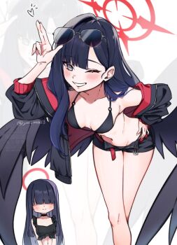 2girls akym asymmetrical_bangs bare_legs belt bikini black_bikini black_choker black_hair black_jacket black_shorts black_wings blue_archive blue_hair blunt_bangs blush breasts choker collarbone commentary_request eyewear_on_head feathered_wings feet_out_of_frame fingernails gradient_hair grey_eyes grin hair_behind_ear hair_over_eyes halo hand_on_own_hip heart highres ichika_(blue_archive) ichika_(swimsuit)_(blue_archive) jacket justice_task_force_member_(blue_archive) leaning_forward long_fingernails long_hair long_sleeves looking_at_viewer low_wings multicolored_hair multiple_girls multiple_views nail_polish navel official_alternate_costume one_eye_closed open_belt open_clothes open_jacket open_shorts red_halo salute short_shorts shorts small_breasts smile stomach straight_hair sunglasses swimsuit teeth twitter_username two-finger_salute watermark wings zoom_layer