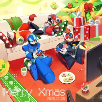 3boys armor axl_(mega_man) black_armor blonde_hair blue_armor blue_helmet box brown_hair buzzsaw_(6631455) chest_jewel christmas christmas_tree commentary_request controller cross_scar dated food forehead_jewel gift gift_box helmet highres holding holding_controller long_hair medium_hair mega_man_(series) mega_man_x_(series) merry_christmas multiple_boys plate red_armor red_helmet scar scar_on_face sitting sleep_mask sleeping spiked_hair television x_(mega_man) zero_(mega_man)