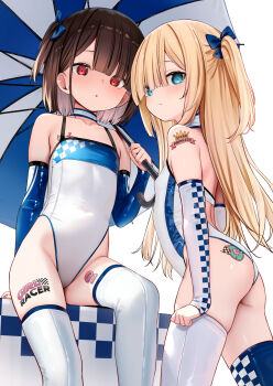 2girls :o ass blonde_hair blue_eyes blue_sleeves blue_umbrella brown_hair closed_mouth detached_sleeves flat_chest highleg highleg_leotard highres leotard long_hair looking_at_viewer multiple_girls open_mouth original race_queen red_eyes short_hair simple_background smile thighhighs two_side_up umbrella white_background white_leotard white_sleeves white_thighhighs yan_(nicknikg)