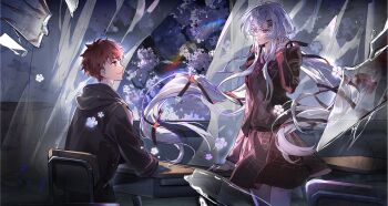 1girl artist_self-insert black_jacket blush breasts chair cherry_blossom_flower cherry_blossoms classroom commissioner_insert couple desk emiya_shirou falling_petals fate/stay_night fate_(series) gaoyue_jixiang hetero highres jacket long_hair long_sleeves looking_at_another momomiya_shizuku momomiya_shizuku_(gaoyue_jixiang) oc_x_canon on_chair on_desk orange_hair original pastels petals print_ribbon red_eyes red_hair ribbon school school_chair school_desk school_uniform sitting skirt smile tree twintails very_long_hair white_hair window