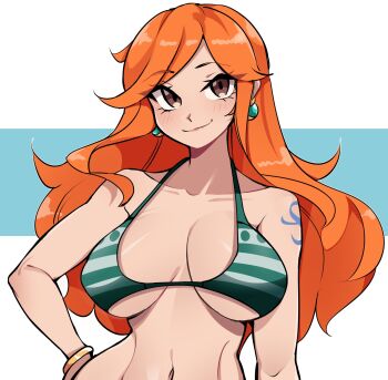 1girl 2026 bangle bare_shoulders bikini blush bracelet breasts brown_eyes cleavage closed_mouth collarbone commentary curvy earrings english_commentary gold_bracelet green_bikini halterneck hand_on_own_hip highres jewelry large_breasts lipgloss long_hair looking_at_viewer nami_(one_piece) nami_(one_piece)_(return_to_sabaody) navel one_piece oninuer orange_hair paid_reward_available shiny_skin shoulder_tattoo smile solo stomach striped_bikini striped_clothes swimsuit tattoo underboob upper_body wavy_hair wide_hips