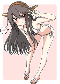 1girl alternate_breast_size_(smaller) bent_over bikini black_hair breasts brown_eyes commentary_request front-tie_bikini_top front-tie_top full_body gold_hairband hairband haruna_(kancolle) headgear highres kantai_collection long_hair motti_(motthi0711) pink_background sandals small_breasts solo spoken_blush swimsuit v white_bikini