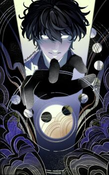 1boy :d abstract black_hair cloud empty_eyes evie_(baoxiao) glowing glowing_eyes gradient_skin grin highres horizontal_spotlight kim_dokja limited_palette male_focus moon omniscient_reader's_viewpoint open_mouth outstretched_hand painterly planet short_hair smile solo swirl underlighting upper_body