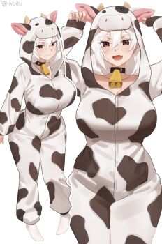 Rule 34 | 1girl, arms up, bell, black collar, blush, breasts, brown eyes, closed mouth, collar, full body, hair between eyes, highres, hood, hood up, huge breasts, iwbitu, long sleeves, multiple views, nyopu, open mouth, original, simple background, smile, standing, twitter username, white background, white hair