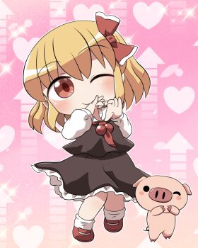 1girl ;) arrow_(symbol) arrow_background ascot black_skirt black_vest blonde_hair blush chibi chibi_only closed_mouth collared_shirt commentary_request frilled_skirt frills full_body gradient_background hair_ribbon heart heart_background heart_hands highres long_sleeves looking_at_viewer one_eye_closed outline pig pink_background red_ascot red_eyes red_ribbon red_shoes ribbon rokugou_daisuke rumia shirt shoes short_hair signature skirt skirt_set smile socks solo standing touhou vest white_outline white_shirt white_socks