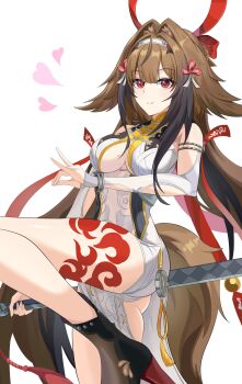 Rule 34 | 1girl, absurdres, armlet, ass, black shoes, bracelet, breasts, brown hair, brown tail, china dress, chinese clothes, closed mouth, clover, clover hair ornament, commentary request, dress, droopy ears, hair intakes, hair ornament, hairband, heart, highres, holding, holding sword, holding weapon, jewelry, leg tattoo, leg up, long hair, looking at viewer, medium breasts, metal bracelet, ouichi, red eyes, see-through clothes, shoes, silver armlet, silver bracelet, simple background, smile, solo, sword, tail, tattoo, weapon, white background, white dress, white hairband, ye shunguang, zenless zone zero