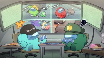 +++ 6+others ambiguous_gender among_us baseball_cap bone card chair clothes_writing commentary_request crewmate_(among_us) cyan_(among_us) disembodied_hand donut english_text finger_to_mouth food ghost_(among_us) green_(among_us) hard_hat hat helmet highres holding holding_card holding_knife holding_wrench impostor_(among_us) computer_keyboard kiman knife lime_(among_us) mini_crewmate_(among_us) monitor multiple_others office_chair on_chair orange_(among_us) pizza pizza_slice playing_card playing_games red_(among_us) screen space_helmet spacesuit static swivel_chair table the_skeld twitter_username wiping_forehead wrench