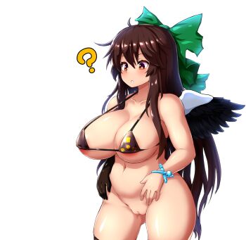 1girl areola_slip belly bikini bikini_top_only bird_wings black_bikini black_gloves black_wings blush bottomless bow bracelet breasts brown_eyes brown_hair cape commentary_request gloves green_bow hair_bow highleg highleg_bikini highres jewelry large_breasts long_hair looking_down navel peso_(cheese_company) plump pussy radiation_symbol reiuji_utsuho shirt simple_background single_glove solo stomach swimsuit touhou uncensored white_background white_cape white_shirt wings