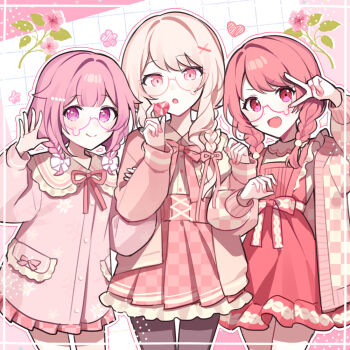 1other 2girls akiyama_mizuki alternate_hairstyle analogous_colors bespectacled bow braid checkered_clothes checkered_jacket checkered_ribbon checkered_skirt cherry_blossoms closed_mouth collared_shirt color_connection commentary_request cowboy_shot dress fashion flower flower_symbol glasses hair_bow hair_color_connection hair_flaps hair_ornament hair_ribbon heart himekaji holding holding_heart jacket locked_arms long_sleeves momoi_airi multiple_girls neck_ribbon ootori_emu open_mouth pantyhose pink-framed_eyewear pink_dress pink_eyes pink_flower pink_hair pink_jacket pink_ribbon pink_skirt pink_theme pleated_skirt pocket project_sekai ribbon semi-rimless_eyewear shirt shirt_tucked_in sidelocks skirt teardrop-framed_glasses twin_braids under-rim_eyewear v v_over_eye waka_(wk4444) warm_colored white_bow white_pantyhose white_shirt x_hair_ornament