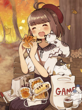 1girl :3 :d animal animal-themed_food antenna_hair autumn autumn_leaves beret black_skirt blush bottle bread brown_hair cat closed_eyes coffee commentary_request cup day disposable_coffee_cup disposable_cup feet_out_of_frame food hat highres holding holding_food kei_s01 leaf long_skirt open_mouth original outdoors pleated_skirt red_hat shirt short_hair short_sleeves sitting skirt smile solo swept_bangs tree white_shirt
