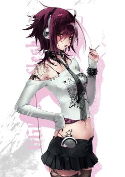 1girl 666rottenflesh absurdres black_nails black_necktie black_skirt bracelet brown_eyes cigarette collar digital_media_player g-string hair_between_eyes hand_on_own_hip headphones highres hip_tattoo holding holding_cigarette jewelry lipstick long_sleeves looking_at_viewer makeup medium_hair mole mole_under_eye navel navel_piercing necktie o-ring_collar original piercing pink_hair pursed_lips shirt shoulder_tattoo skirt smoking solo spiked_bracelet spiked_collar spikes star_(symbol) star_tattoo striped_necktie tattoo thighhighs thong torn_clothes torn_thighhighs white_shirt