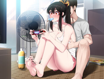 1boy 1girl :d akchu ass bare_shoulders barefoot black_hair black_nails blush bottle breasts chobi_(akchu) cleavage controller couch electric_fan feet food game_controller groping hair_between_eyes highres large_breasts long_hair nail_polish open_mouth original playstation_controller ponytail popsicle red_eyes shorts sitting smile soles surprised sweat tank_top television toenail_polish toenails toes