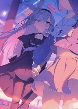 2girls absurdres arona_(blue_archive) black_choker black_hairband black_jacket black_pantyhose black_sailor_collar black_serafuku black_shirt black_skirt blue_archive blue_hair blue_shirt blush bow braid choker colored_inner_hair commentary dawn falling_star grey_eyes grey_hair hair_over_one_eye hair_ribbon hairband halo highres holding_hands jacket kazueru long_hair looking_at_another multicolored_hair multiple_girls neckerchief open_clothes open_jacket pantyhose parted_lips pink_hair plana_(blue_archive) red_halo ribbon sailor_collar school_uniform serafuku sexually_suggestive shirt short_hair sidelocks single_braid skirt two-tone_hair white_bow white_choker white_neckerchief white_ribbon white_sailor_collar white_skirt