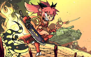 1boy 1girl animal_hands chainsword claws commentary commissar_(warhammer_40k) commission fiery_tail fins fire flaming_eyes head_fins highres lasgun lizard_tail monster_girl monster_girl_encyclopedia monster_girl_encyclopedia_ii pixiv_commission ponytail red_hair reptile_girl salamander salamander_(monster_girl_encyclopedia) scales setz sharp_teeth slit_pupils tail teeth warhammer_40k yellow_eyes