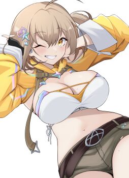 1girl absurdres ahoge anis_(nikke) anis_(star)_(nikke) belt belt_buckle black_gloves breasts brown_belt brown_shorts buckle cleavage commentary_request fingerless_gloves gloves goddess_of_victory:_nikke hair_ornament hairclip highres jacket large_breasts long_sleeves looking_at_viewer mamenoki_sp medium_hair navel one_eye_closed shorts simple_background smile solo strapless sweat teeth tube_top white_background white_tube_top yellow_eyes yellow_jacket