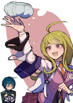 1boy 1girl :d absurdres ahoge akamatsu_kaede black_panties blonde_hair bloomers boxers breasts brown_necktie collared_shirt collection danganronpa_(series) danganronpa_v3:_killing_harmony fortissimo hair_ornament highres holding holding_underwear holding_unworn_clothes jacket lace lace-trimmed_panties lace_trim large_breasts long_hair male_underwear musical_note musical_note_hair_ornament necktie open_mouth panties pink_background pink_sweater_vest sad saihara_shuichi shirt smile striped_clothes striped_jacket sweater_vest teeth underwear unworn_panties upper_teeth_only white_background white_panties youko-shima