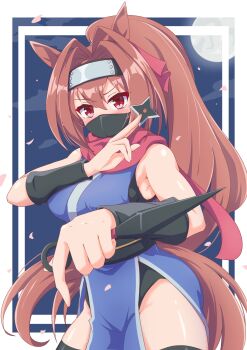 1girl alternate_costume animal_ears black_mask black_thighhighs blush breasts brown_hair commentary_request daiwa_scarlet_(umamusume) forehead_protector full_moon hair_between_eyes hair_intakes headband highres holding holding_kunai holding_weapon horse_ears horse_girl japanese_clothes kunai large_breasts long_hair looking_at_viewer mask mokichi3356 moon mouth_mask ninja ninja_mask pelvic_curtain petals ponytail red_eyes shuriken solo thighhighs thighs umamusume very_long_hair weapon wrist_guards