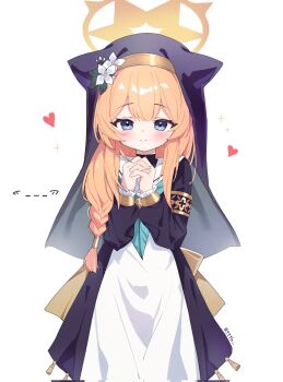 1girl animal_ears blonde_hair blue_archive blue_eyes blush breasts halo heart highres looking_at_viewer mari_(blue_archive) nun simple_background small_breasts solo standing tttlr white_background yellow_halo
