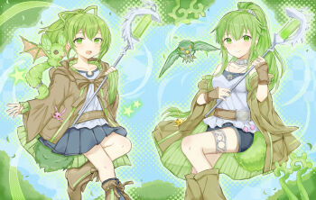 2girls blue_shorts blue_skirt blush breasts brown_leg_warmers brown_robe closed_mouth collarbone commentary_request duel_monster fingerless_gloves gloves green_eyes green_gloves green_hair hair_between_eyes highres holding holding_scepter jewelry leg_warmers long_hair long_sleeves looking_at_viewer medium_breasts multiple_girls open_mouth pleated_skirt ponytail robe scepter shirt short_shorts shorts siblings silver_thighlet sisters skirt smile thighlet white_shirt winda_(yu-gi-oh!) winda_priestess_of_gusto wynn_(yu-gi-oh!) wynn_the_wind_charmer yamabuki_humi yu-gi-oh!