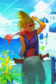 Rule 34 | 1girl, 9twoeight, absurdres, blonde hair, blue eyes, blue sky, blue vest, cloud, commentary request, dark-skinned female, dark skin, highres, korean commentary, looking at viewer, nintendo, one eye closed, open mouth, outdoors, pants, pointy ears, purple shirt, red sash, red scarf, sash, scarf, shirt, short hair, sky, smile, solo, sword, teeth, tetra, the legend of zelda, the legend of zelda: the wind waker, upper teeth only, vest, weapon, white pants