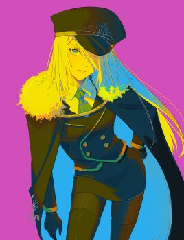 1girl a2_(nier:automata) absurdres android bad_id bad_pixiv_id black_boots black_cape black_gloves black_pantyhose boots buttons cape collared_shirt cowboy_shot double-breasted expressionless formal_clothes fur-trimmed_cape fur_trim gloves hair_over_one_eye hand_on_own_hip hat highres jacket leaning_forward lips long_hair long_sleeves looking_at_viewer military_hat military_uniform miniskirt mole mole_under_mouth necktie nier:automata nier_(series) nulvilxii pantyhose pink_background shadow shirt signature simple_background skirt solo straight_hair suit suit_jacket thigh_boots white_hair yellow_light