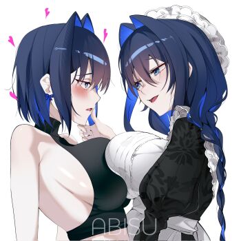 2girls alternate_costume apron artist_name black_dress black_hair blue_eyes blue_hair blush bow bow_earrings braid breast_press colored_inner_hair dress earrings fromabisu hair_intakes hand_on_another&#039;s_chin hat heart highres hololive hololive_english jewelry long_hair low_twin_braids medium_hair mob_cap multicolored_hair multiple_girls official_alternate_costume official_alternate_hairstyle open_mouth ouro_kronii ouro_kronii_(maid) selfcest simple_background symmetrical_docking twin_braids virtual_youtuber white_apron white_background