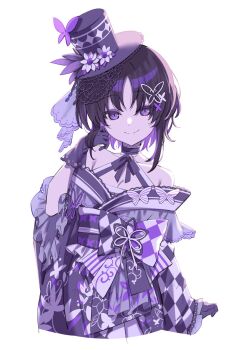 Rule 34 | 1girl, amerika juu pan, bare shoulders, black choker, black gloves, black hair, black hat, black ribbon, bow, breasts, butterfly hair ornament, checkered clothes, choker, cleavage, closed mouth, collarbone, commentary request, cowboy shot, cropped legs, flower, frilled choker, frills, gloves, hair ornament, hand on own face, hand up, hat, hat flower, highres, housho margo, japanese clothes, kimono, long sleeves, looking at viewer, mahou shoujo no majo saiban, medium breasts, mini hat, mini top hat, neck ribbon, obi, obiage, obijime, off shoulder, parted bangs, print kimono, purple eyes, ribbon, sash, short hair, simple background, smile, solo, split mouth, standing, top hat, white background, white flower, wide sleeves