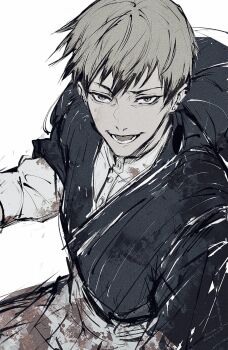 1boy black_hair blonde_hair blood blood_stain blue_shirt colored_tips cropped_legs earrings hakama hakama_pants highres ho9_999 japanese_clothes jewelry jujutsu_kaisen male_focus multicolored_hair multiple_earrings open_mouth pants shirt simple_background smile solo solo_focus two-tone_hair white_background white_hakama white_shirt yellow_eyes zen'in_naoya