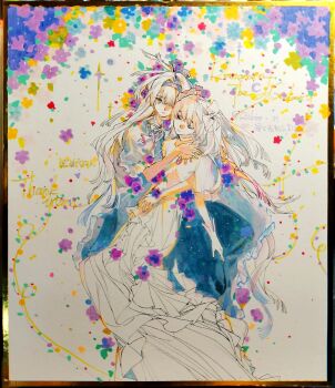 2girls absurdly_long_hair absurdres akemi_homura akemi_homura_(black_dress) arm_around_waist artist_name black_dress black_hairband blue_flower bow capelet chest_jewel chinese_commentary choker closed_eyes clothing_cutout commentary_request diamond_cutout dress expressionless eyelashes floral_background flower frilled_dress frills full_body gem gloves gown green_flower grey_capelet grey_hair hair_bow hair_intakes hairband hand_on_another&#039;s_neck highres hug kaname_madoka long_dress long_hair looking_at_viewer mahou_shoujo_madoka_magica mahou_shoujo_madoka_magica:_hangyaku_no_monogatari multiple_girls orange_flower pansy parted_lips pink_gemstone pink_hair plant pleated_sleeves purple_eyes purple_flower riko-m stomach_cutout traditional_media two_side_up ultimate_madoka unconscious very_long_hair vines wavy_hair white_background white_bow white_choker white_dress white_gloves yellow_flower yuri