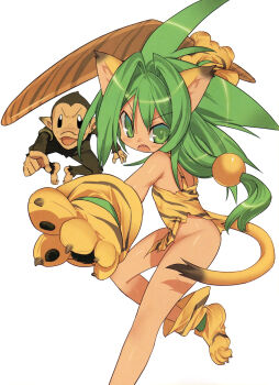 1girl animal_ears animal_hands animal_print blade_(galaxist) boomerang bottomless cat_ears cat_tail cham_cham fang gloves green_eyes green_hair hair_ornament highres long_hair looking_at_viewer monkey no_panties open_mouth paku_paku paw_gloves paw_shoes queen's_blade queen's_gate samurai_spirits shoes simple_background snk sphere_hair_ornament tail tiger_print torn_clothes weapon white_background