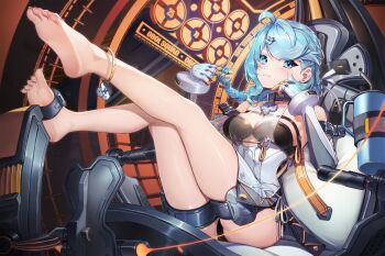 1girl absurdres armpits bare_legs bare_shoulders barefoot blue_eyes blue_hair bodysuit clothing_cutout cockpit feet_up formal_clothes full_body gloves highres humanoid_robot kneepits legs_up robot see-through_dress_layer seed_(zenless_zone_zero) short_hair soles suit sunnillust thigh_cutout white_suit zenless_zone_zero