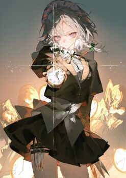 2girls 5swcf1iy8k31657 alternate_costume bat_wings black_jacket black_skirt blue_eyes braid closed_mouth collared_shirt commentary crossed_arms expressionless grey_vest hat highres holding holding_knife holding_pocket_watch izayoi_sakuya jacket knife maid maid_headdress medium_hair mob_cap multiple_girls multiple_knives pocket_watch remilia_scarlet shirt skirt solo symbol-only_commentary thigh_strap thighs touhou twin_braids vest watch white_hair white_shirt wings