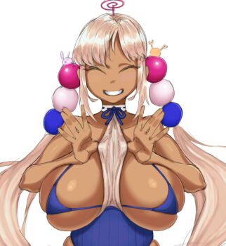 1girl 2021 bare_shoulders bikini blue_bikini blue_bow bow breast_focus breasts bursting_breasts closed_eyes curvy dark-skinned_female dark_skin gyaru hair_ornament halterneck hands_up highres hololive hololive_english huge_breasts light_brown_hair limiter_(tsukumo_sana) long_hair makinakid micro_bikini no_nose palms planet_hair_ornament plump sidelocks simple_background skindentation smile solo swimsuit tan teeth top_pull tsukumo_sana twintails underboob underbust upper_body virtual_youtuber white_background