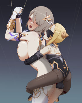 Rule 34 | 1futa, 1girl, blindfold, blonde hair, breasts, brown hair, carrying, chapa kari, commentary request, commission, covered testicles, defeat, doll joints, frog embrace position, futa with female, futanari, gloves, grabbing another&#039;s breast, grabbing from behind, groping, hair ornament, hair over one eye, herrscher of dominance, highres, honkai (series), honkai impact 3rd, joints, large breasts, open mouth, piggyback, pink eyes, restrained, rita rossweisse, sex, sex from behind, shirt, single thighhigh, testicles, textless version, thighhighs, variant set, white gloves, white shirt, white thighhighs