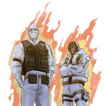 2boys absurdres balaclava bandaged_arm bandaged_head bandages belt belt_buckle belt_pouch blue_eyes buckle bulletproof_vest call_of_duty call_of_duty:_modern_warfare_2 covered_mouth cowboy_shot crossed_arms crossover fallout fallout:_new_vegas fire ghost_(modern_warfare_2) glasses hands_in_pockets headphones headset highres jacket joshua_graham long_sleeves male_focus multiple_boys pants pouch seokka simple_background sunglasses thigh_pouch thigh_strap vest walkie-talkie white_background