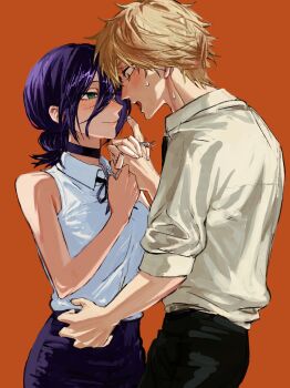 1boy 1girl absurdres black_choker black_pants black_ribbon black_shorts blonde_hair blush chainsaw_man choker collared_shirt denji_(chainsaw_man) green_eyes grenade_pin hair_between_eyes hair_bun hetero highres holding_hands looking_at_another medium_hair neck_ribbon orange_background pants purple_hair reze_(chainsaw_man) ribbon shirt short_hair shorts sleeveless sleeveless_shirt sleeves_rolled_up smile sweat tara2n_com updo upper_body white_shirt