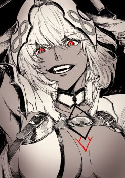 1girl absurdres animal_ears armor belt_buckle black_background body_markings breasts bright_pupils buckle caenis_(fate) caenis_(second_ascension)_(fate) dark-skinned_female dark_skin fate/grand_order fate_(series) hair_between_eyes hairband headpiece highres horse_ears infinity_symbol long_hair looking_at_viewer o-miya_(ohmiya_you) open_mouth red_eyes shoulder_armor signature simple_background sleeveless smile solo spot_color teeth upper_body white_pupils