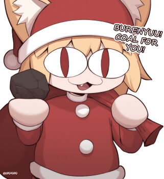 0bosobo 1girl animal_ear_fluff animal_ears bag blonde_hair cat_ears cat_girl chibi christmas commentary cowboy_shot english_commentary hat highres holding holding_bag neco-arc red_eyes red_hat red_shirt shirt short_hair simple_background solo tsukihime white_background