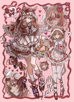 Rule 34 | 1girl, absurdres, animal ears, apron, blush, boots, brown hair, cake, commentary request, food, grin, hair between eyes, hand on own face, heart, heart-shaped pupils, highres, holding, holding tray, horse ears, horse girl, horse tail, kumo (mokumoku warabi), long hair, looking at viewer, maid, maid apron, maid headdress, open mouth, red boots, red eyes, red shirt, red shoes, red veil, see-through clothes, see-through veil, shirt, shoes, short sleeves, smile, socks, still in love (umamusume), symbol-shaped pupils, tail, thighhighs, tray, umamusume, veil, white socks, white thighhighs